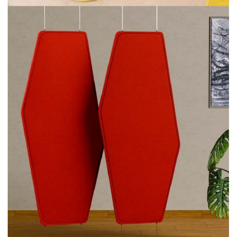Totem est une cloison acoustique suspendue au design vertical sculptural. Totem est une cloison acoustique suspendue au design vertical sculptural.