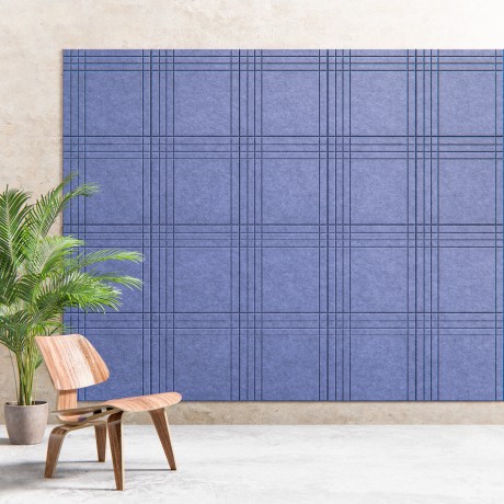 Plaque acoustique murale en feutrine PET recyclée, format 600 × 600 mm, épaisseur 9 mm, à motif quadrillé décoratif.