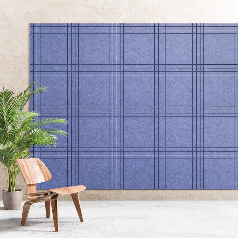 Plaque acoustique murale en feutrine PET recyclée, format 600 × 600 mm, épaisseur 9 mm, à motif quadrillé décoratif.