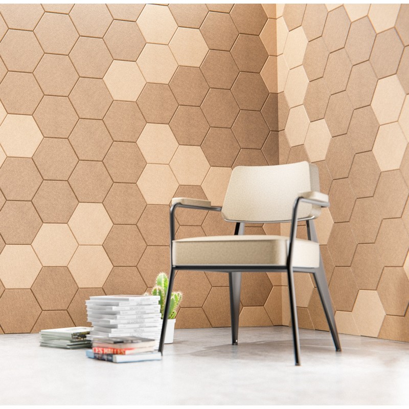 Mosaic HEX Fabriqué en A·PET® 9 mm (≥ 60 % PET recyclé) propose deux formats (HEX25 et HEX45) pour moduler vos décors.