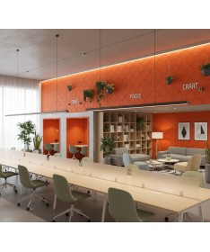 Revêtement mural acoustique Window orange à motif géométrique dans un espace de coworking moderne.