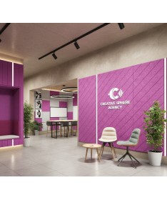 Revêtement mural acoustique Chevron violet installé dans une agence de communication moderne.