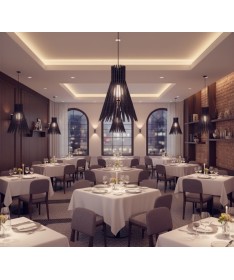 Luminaires acoustiques Acutus noirs suspendus dans un restaurant au style chic et contemporain.