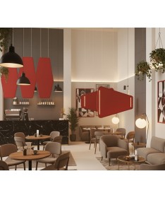 Cloisons acoustiques Totem rouges suspendues dans un café au design moderne et chaleureux.