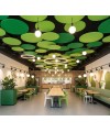 Suspensions acoustiques Lunas vertes installées au plafond d’une cafétéria moderne et colorée.