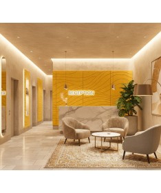 Panneaux muraux acoustiques Wind jaunes à motif ondulé installés derrière un comptoir de réception moderne.