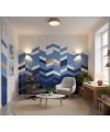 Panneaux muraux acoustiques Spina dans des tons de bleu et blanc, installés dans un salon moderne et lumineux.