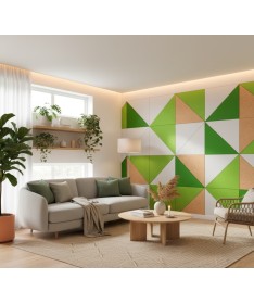 Panneaux muraux acoustiques Trium verts, blancs et beiges installés dans un salon lumineux au style naturel et épuré.