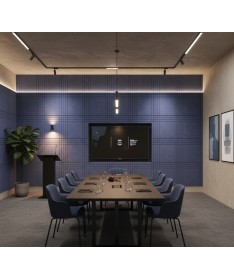 Panneaux muraux acoustiques Plaid bleu marine installés dans une salle de réunion élégante et moderne