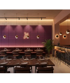 Panneaux muraux acoustiques Stroke bordeaux installés dans un restaurant élégant au design contemporain et chaleureux.