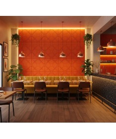 Panneaux muraux acoustiques Window orange installés dans un restaurant au design chaleureux et contemporain.