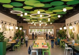 Cantine scolaire bruyante : cloisons acoustiques suspendues modulables